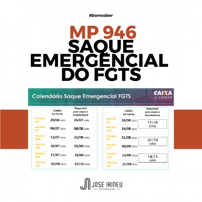 MEDIDA PROVISÓRIA Nº 946/2020 - SAQUE EMERGENCIAL DO FGTS